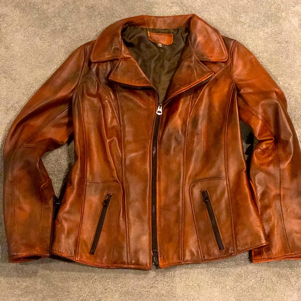 Made in Florence, Italy orange and brown ladies leather jacket